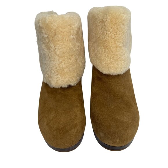 UGG Tan‎ Suede High Heel Boots With Shearling Cuff & Wooden Block Heel Size 7.5 - Picture 5 of 8
